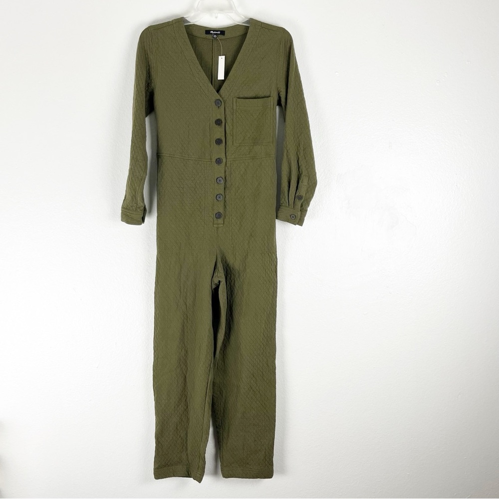 MADEWELL Diamond Jacquard Kale Green Button Front Chest Pockets Jumpsuit XXS